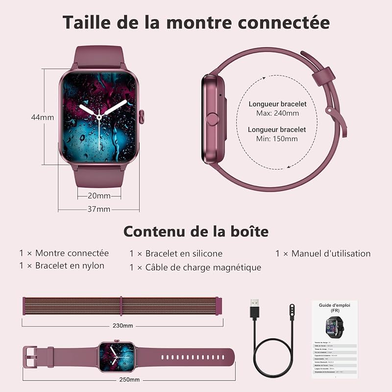 Montre Connectée Homme Femme, Appel Bluetooth, Rouge vin — photo 8 sur 8