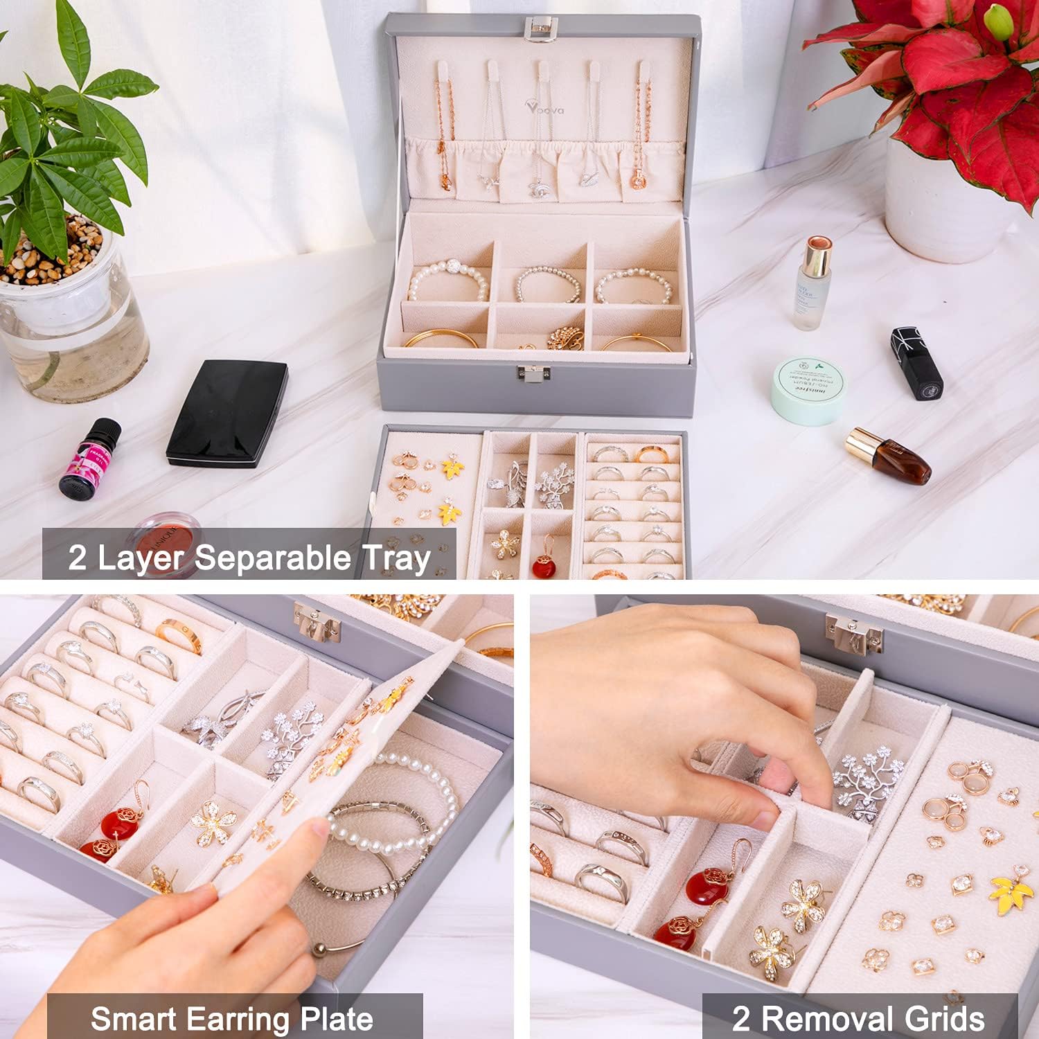 Voova Jewelry Box Organizer for Women Girls, 2 Layer Large Men Jewelry Storage Case, PU Leather Display Jewel Holder with Removable Tray for Necklace Earrings Rings Bracelets, Vintage Gift, Grey: Home & Kitchen