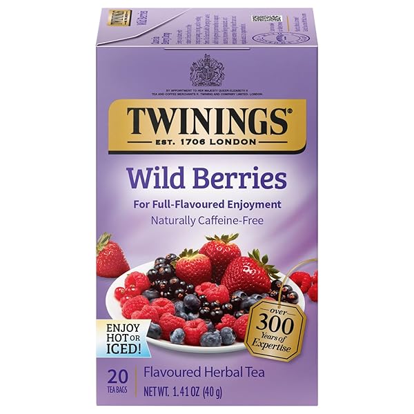 TWININGS WILD BERRIES TEA – A NATURALLY CAFFEINE-FREE HERBAL TEA BURSTING WITH FRESH & UPLIFTING BERRY TEA FLAVOURS, INDIVIDUALLY WRAPPED TEA BAGS, 20 COUNT