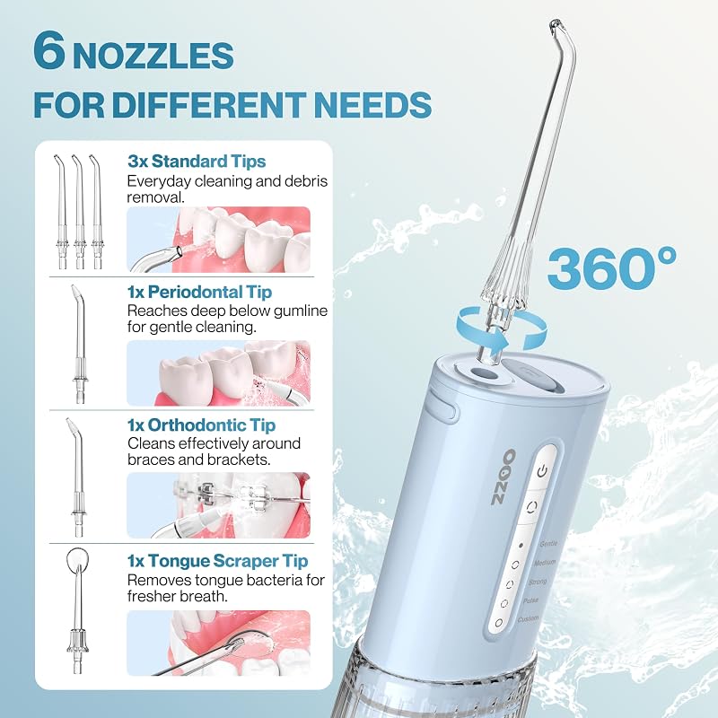 Irrigador oral de viagem, irrigador oral sem fios de bolso, 5 modos de pressão, 6 pontas de jato, design compacto USB recarregável (Gradient Blue) — foto 7 de 8