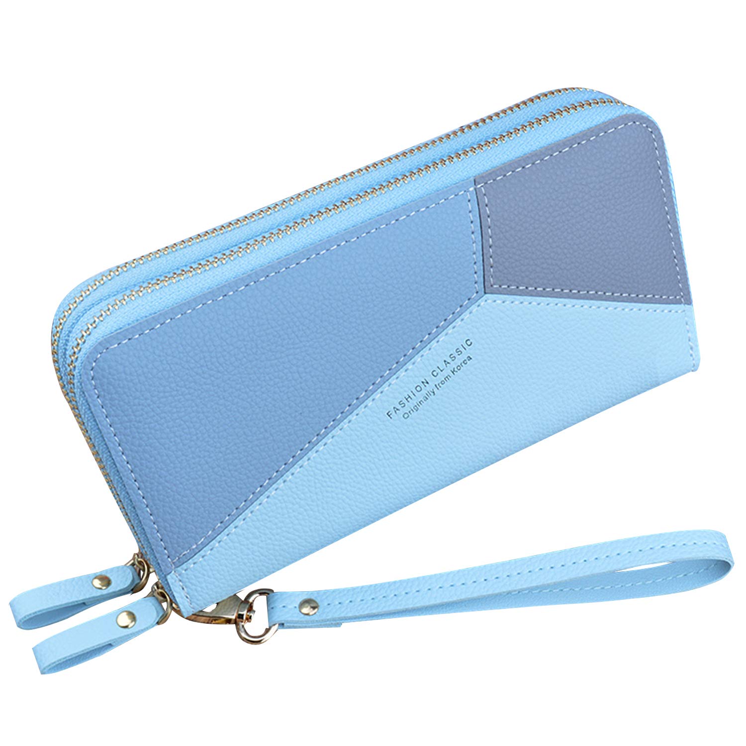 Yixuan Ladies Double Zipper PU Leather Wallet - Large Capacity Long Clutch with Multiple Card Slots, Coin Purse, Phone Holder, and Wristlet for Women (Blue4)