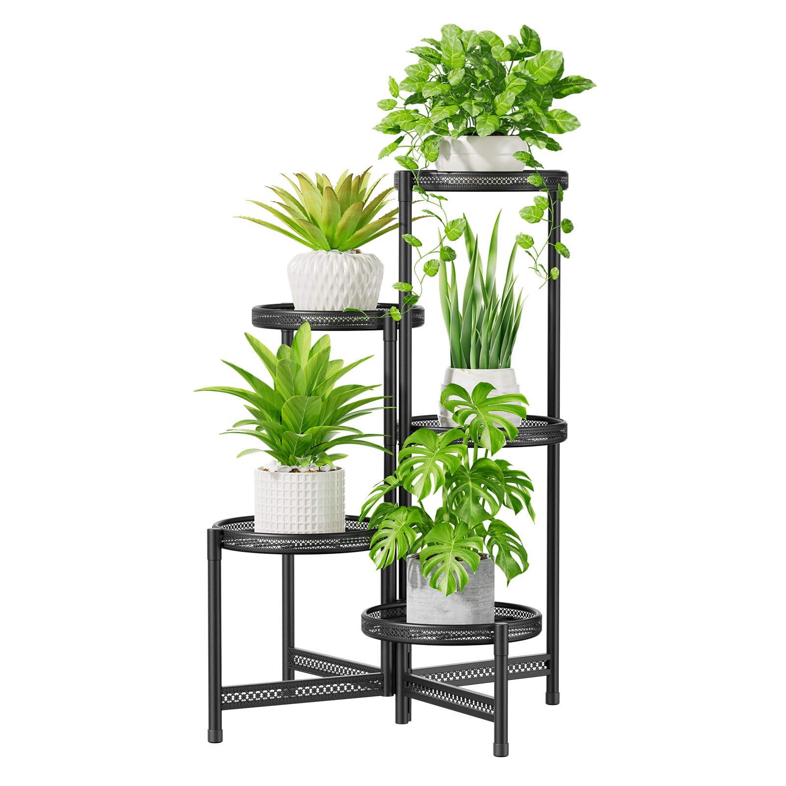 Photo 1 of iDavosic.ly 5 Tier Large Plant Stand Indoor with 10-Inch Wide Drainage Tray, Tiered Corner Metal Outdoor Flower Display Holder Shelf, Folding Tall Rack for Patio Porch Balcony, Black Iron Carving