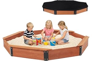 85''x78''x9'' Wooden Octagon Sandbox with Cover, Large Sandpit for Kids Outdoor Patio Backyard Play, Easy & Quick Assemble