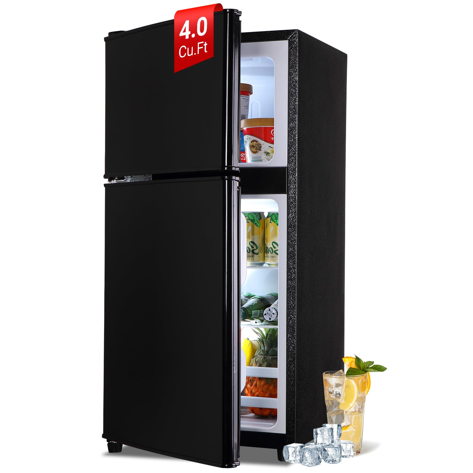 Photo 1 of 4.0 Cu. Ft. Mini Fridge with Freezer, Double-Door Mini Refrigerator with Adjustable 7-Level Thermostat & Separate Freezer, Adjustable Glass Shelves, Compact Dorm Fridge for Bedroom, Apartment, Black