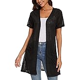 Spicy Sandia Women's Short Sleeve Sheer Cardigans for Summer Lightweight Open Front with Pockets Black L