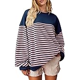 HEYTALALA Womens Oversized Striped Sweatshirts Y2K Long Sleeve Crewneck Sweater Color Block Drop Shoulder Loose Pullover Tops