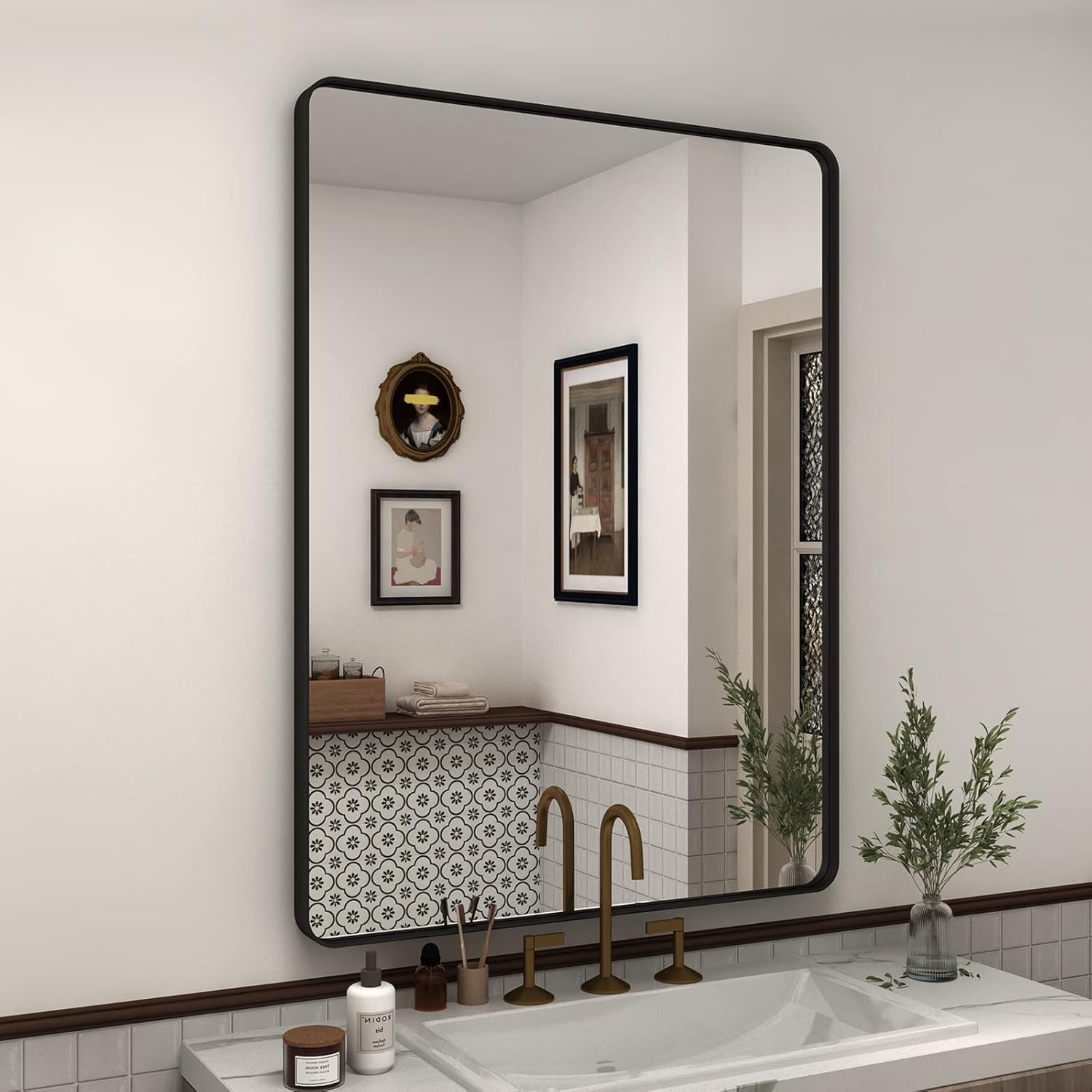 Mirrors - CHARMOR 28X36 Black Matte Bathroom Mirror, Rectangle Framed Vanity Mirror for Wall, Rounded Corner, Anti-Rust, Shatterproof (Horizontally/Vertically)