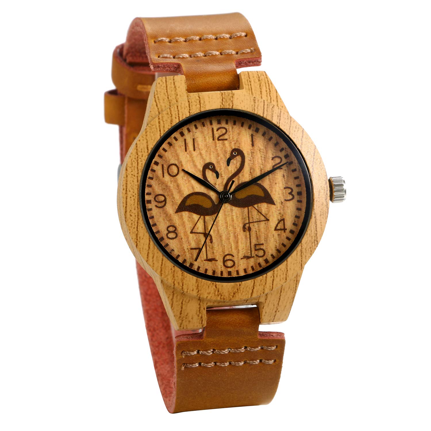 JewelryWe Women Watches Round Flamingo Pattern Wood-Like Quartz Watch Genuine Leather Watchband Wrist Watch