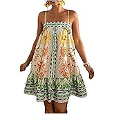 Floerns Women's Plus Size Boho Floral Print Cami Dress Backless Sleeveless Ruffle Mini Dresses