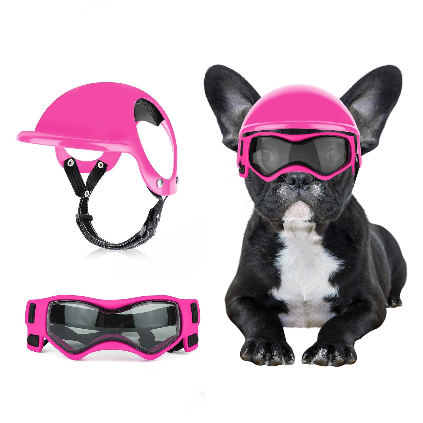 Photo 1 of BillionChains Dog Helmet with Dog Goggles for Small Dogs - Pet Motorcycle Helmet Hat with Ear Holes Adjustable Straps Safety Helmet for Puppy Riding - Pink
