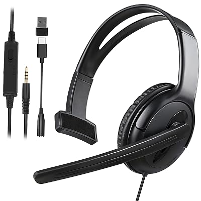 Wired One Ear Headset with Mic, 3.5mm/Type-C/USB Gaming Headset for PS5/PS4/Xbox/Switch/PC/iPhone/iPad/Mac/Tablet/Android, Single Ear Game Chat Headphone for Office Business Work Teams Call Center