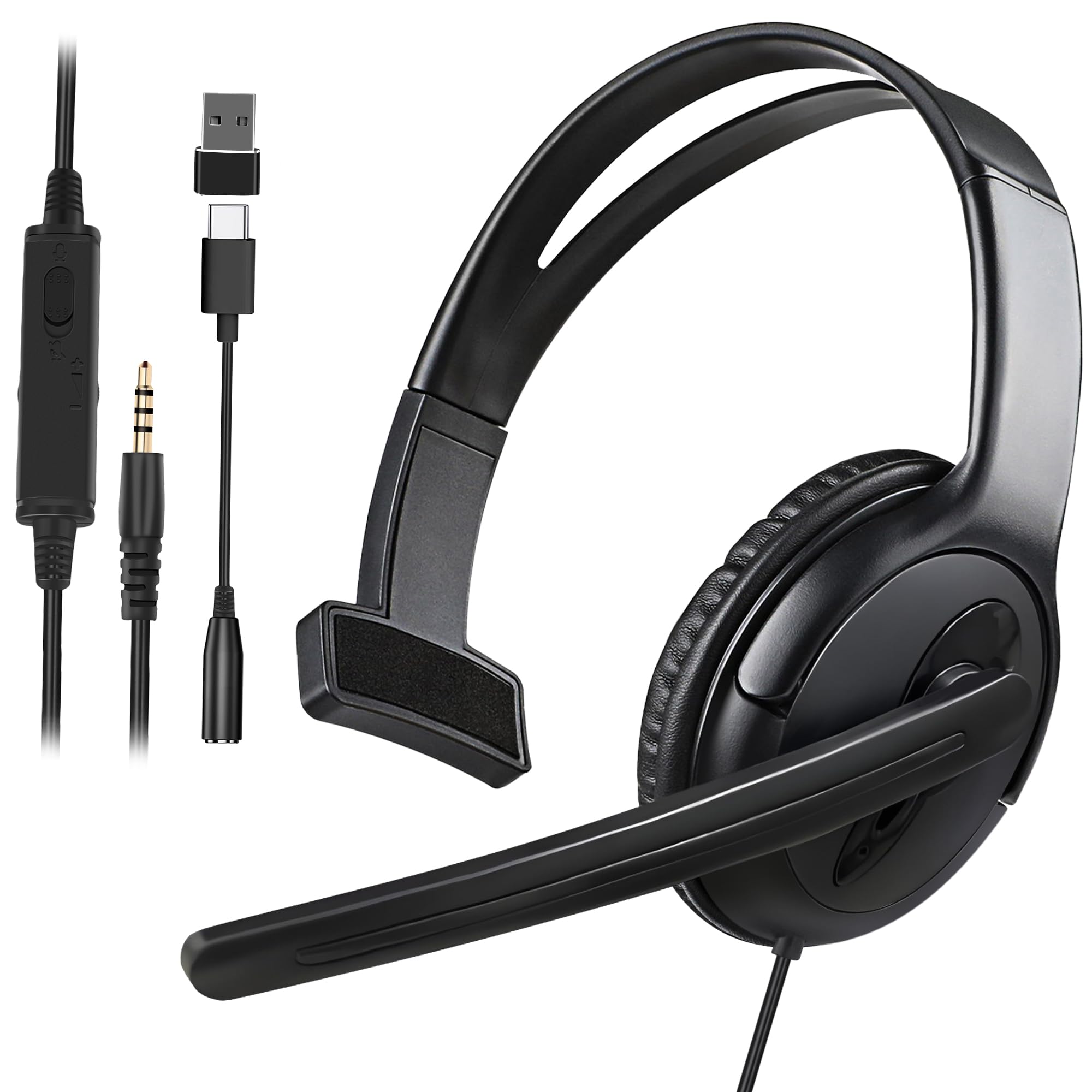 Photo 1 of Wired One Ear Headset with Mic, 3.5mm/Type-C/USB Gaming Headset for PS5/PS4/Xbox/Switch/PC/iPhone/iPad/Mac/Tablet/Android, Single Ear Game Chat Headphone for Office Business Work Teams Call Center
