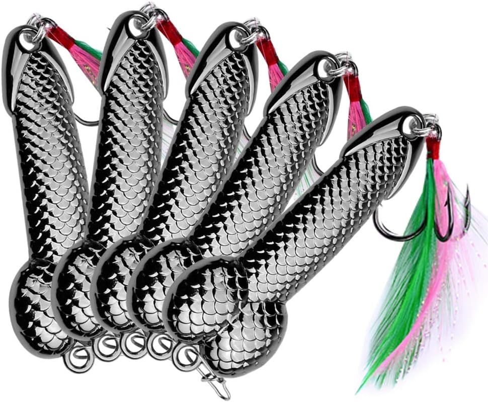 Nordtale Bobby Fishing Lures 5PCS Fishing Spoons Metal Spoons Spinner Spoon with Feather Treble Hooks for Bass Trout Walleye Catfish Freshwater Saltwater Spinner Baits Black Rose 3g 7g 11g 15g 21g