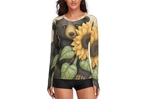 Women Sunflower and Bear Sun Shirts Long Sleeve T-Shirt Lightweight Rash Guard Workout Tops for Hiking Running