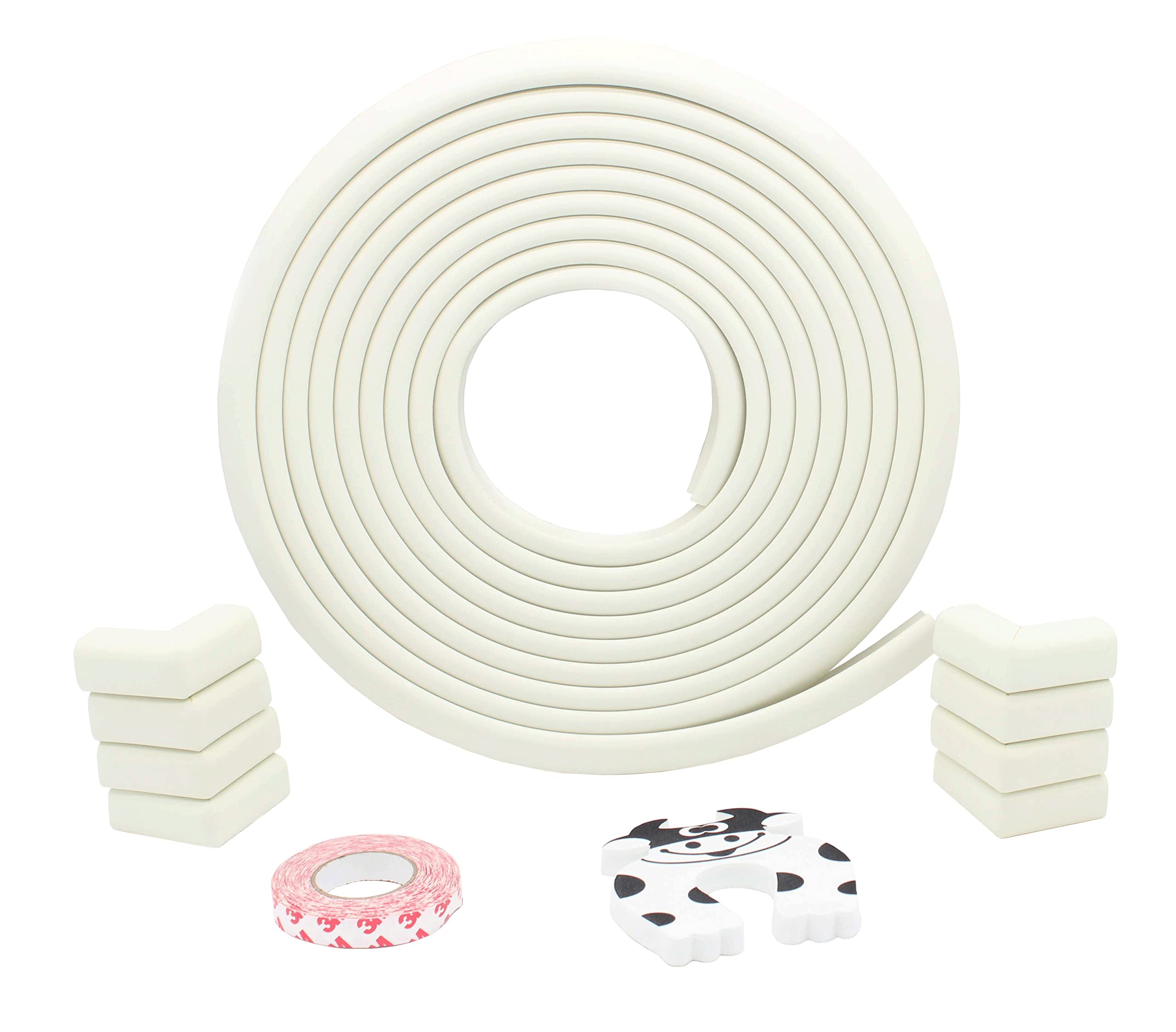 Child Proof Baby Proof Edge and Corner Guards with Door Stop | 6 Meters + 8 Corners | Furniture Edge Protection Safety Pack | Easy Installation and Long-Lasting | Non-Toxic, White