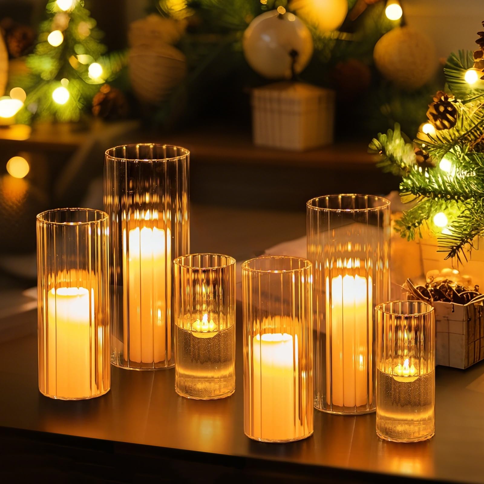 Photo 1 of Hewory Glass Cylinder Ribbed Vases Set of 6, Tall Clear Vase for Centerpieces, Hurricane Candle Holders for Pillar or Floating Candles, Round Vases for Wedding Anniversary Events Home Table Decor