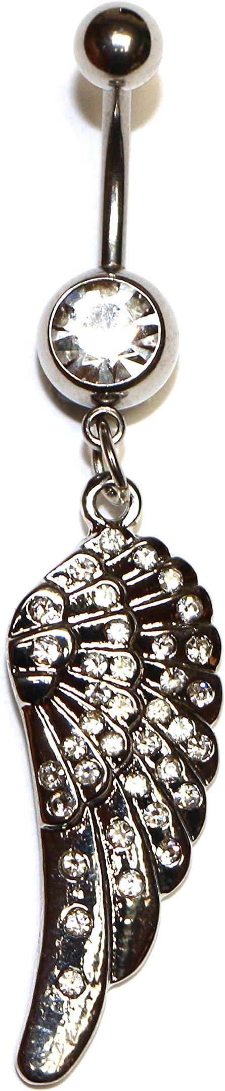 Jewels Fashion Wings Dangle Surgical Steel Belly Button Ring Long 14G 3/8 Bar Length with Cubic Zirconia Stones