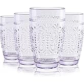 CREATIVELAND Colored Vintage Drinking Glasses Set of 4, 15.5 oz Romantic Embossed Water Glasses, Colored Tumblers Tempered Glass for Juice, Beverages, Beer, Cocktail