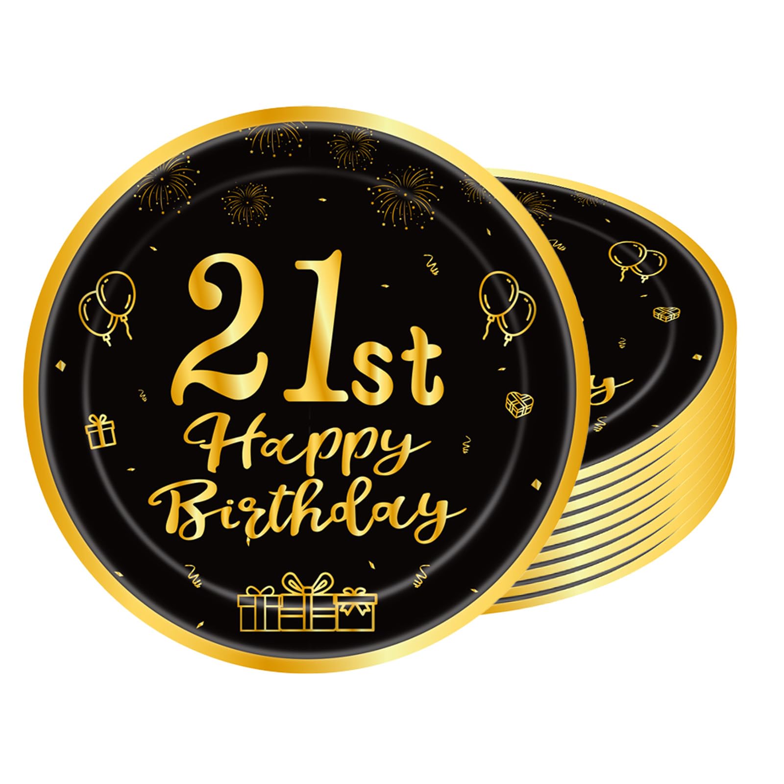 POPOYU 16pcs Black and Gold Paper Plates 21st, Happy Birthday Disposable Tableware Paper Plates 9 Inch,Happy 21st Birthday Decorations Plates for Men,Women,Him,Her 21st Birthday Gifts Party Supplies
