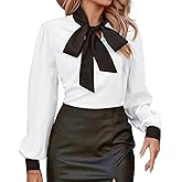 Avanova Women Tie Neck Bishop Long Sleeve Shirts Casual Work Blouses Tops