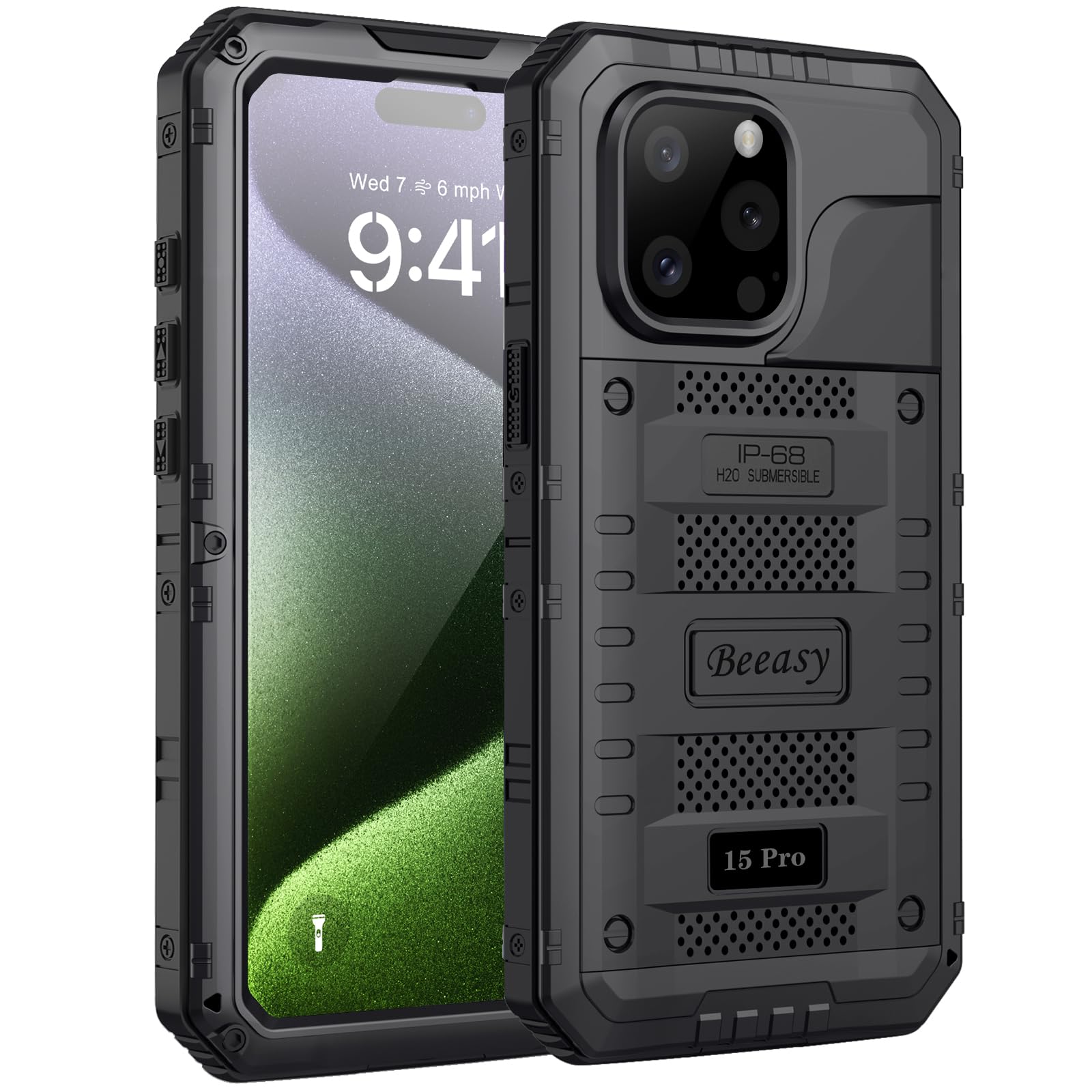 Beeasy for iPhone 15 Pro Case Waterproof Heavy Duty Tough Metal Armour Cover Shockproof Dustproof Built-in Screen Protector, Robust Full Body Military Protective Rugged Case for iPhone 15 Pro 6.1inch
