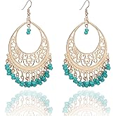 coadipress Filigree Cut-out Dangling Chandelier Earrings for Women Bohemian Retro Gold Chandelier Tassel Drop Earrings Ethnic Gypsy Beads Tassel Earrings Jewelry Gifts