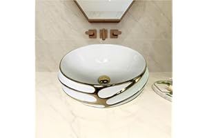 MEJE 18 Inch Oval Bathroom Vessel Sink, Embossed Pattern With Gold Trim Design, Above Counter Art Basin,Porcelain Ceramic Countertop Vanity Sink, Gold Color (Include pop up drain)