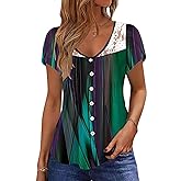 Womens Summer Tops Trendy Lace Trim V Neck Tunic Shirts Casual Petal Sleeve Pleated Front Button Blouses