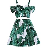 BOEBNOZCV Kids Girl Strap Banana Leaf Print Strappy Cold Shoulder Cropped Top + Maxi Tutu Beach Skirts Clothes Set (Banana Leaf,8-9 Years)