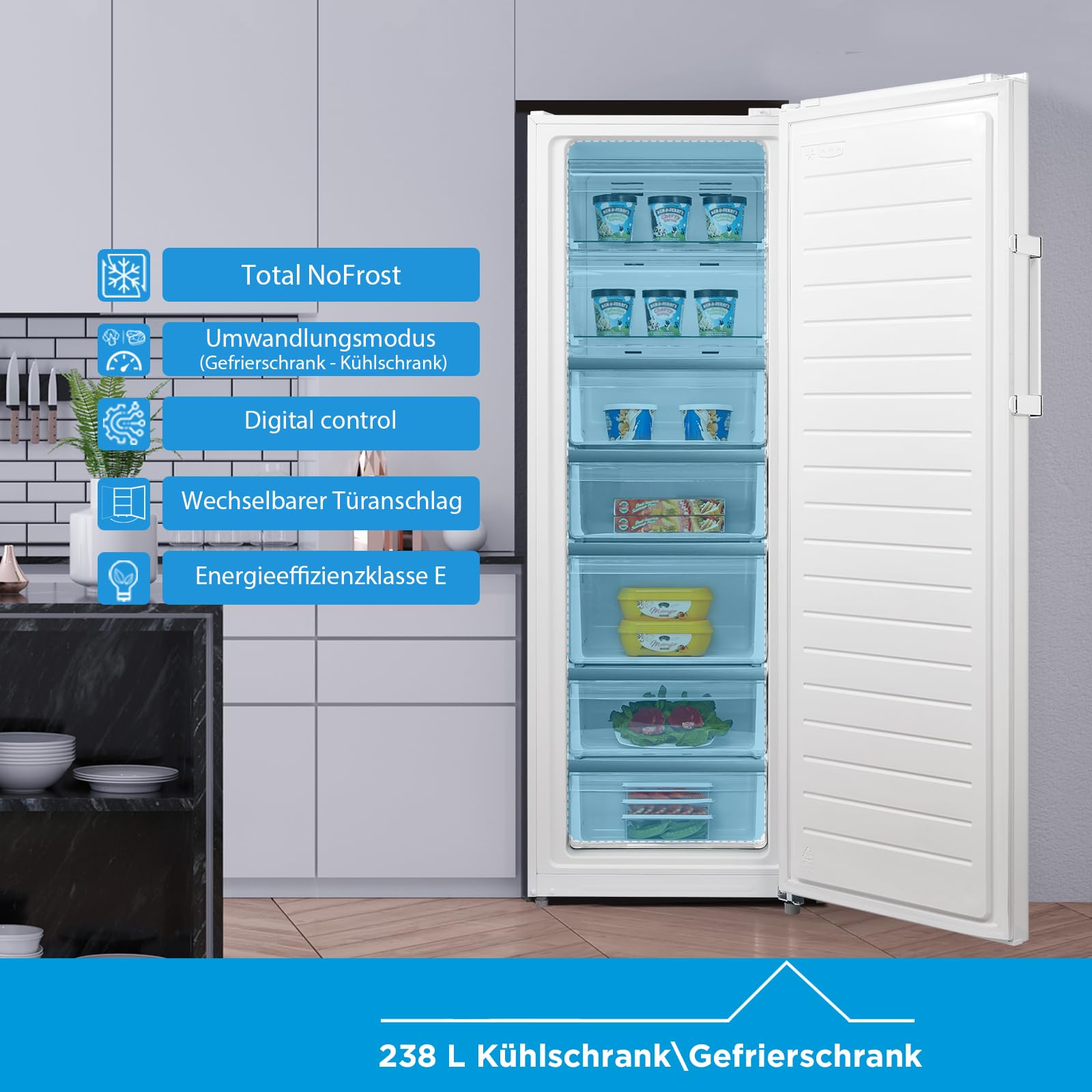 Midea MDRU333FZE01 Gefrierschrank/Kühlschrank/172,2 cm hoch/NoFrost/Flexible Kühl- und Gefrierfunktion/Superkühl/238L/Große Fächer/Zero Clearance/Easy Open Handgriff/Wechselbarer Türanschlag/Weiß 3