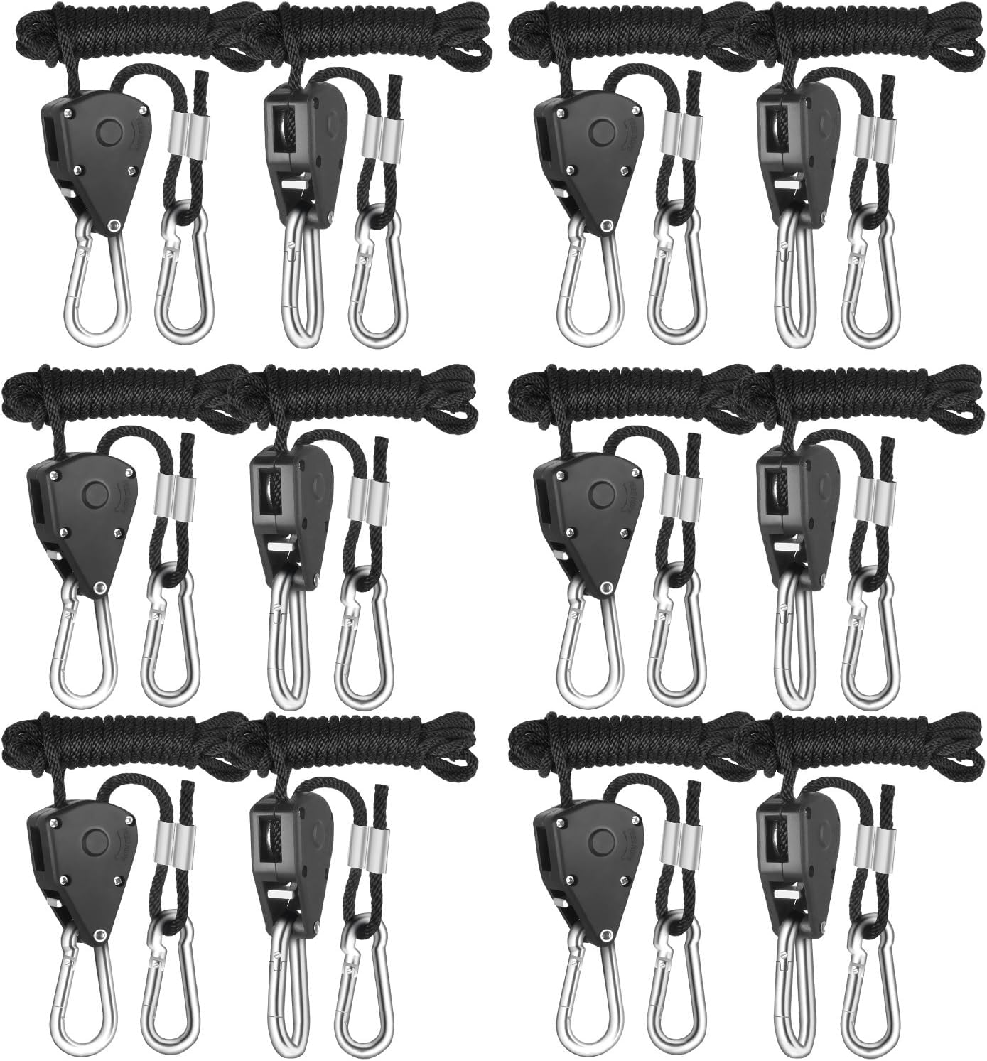 iPower 6-Pair 1/8 Inch 8-Feet (2.4m) Long Heavy Duty Adjustable Rope Clip Hanger,150lbs (68kg) Weight Capacity, Reinforced Metal Internal Gears, Black