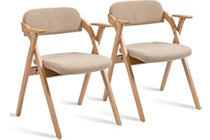 HOMEFUN Folding Chairs with Armrest, Wooden Stackable Foldable Dining Chair with Padded Seats Set of 2 Extra for Guests Kitchen Office Wedding Party, Khaki
