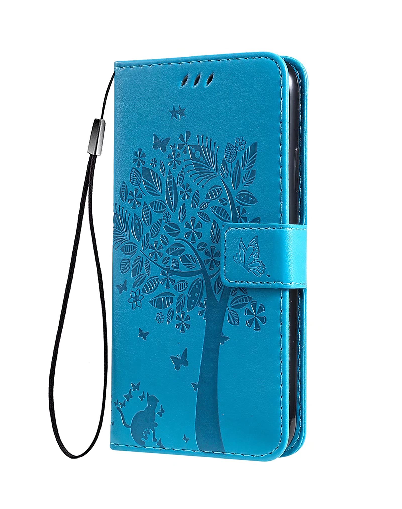 SEAHAI Case for Motorola Moto E14/Moto G04/Moto G04S Wallet Case, Pretty Embossed Leaves and Cat Pattern Premium PU Leather Book Style Flip Cover Shockproof Case, Blue