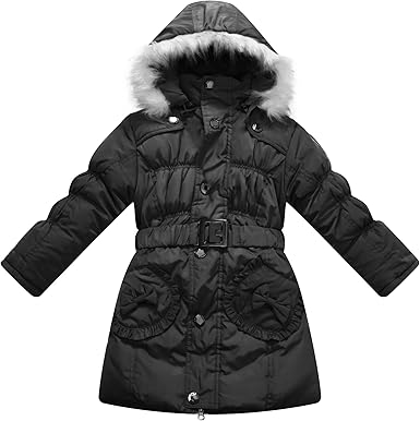 padded coat with belt and fur hood