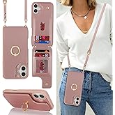 Lipvina for iPhone 16 Case with Card Holder and Strap for Women,Crossbody Lanyard,Ring Stand,Snap Clasp,Cute Phone Wallet Cases 6.1 inch(Rose Gold)