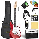 STRICH Electric Guitar Beginner Kit, Solid Body 39" Full Size Electric Guitar HSS Pick Up for Starter, with 5W x 2 Amp, Bag, Digital Tuner, Capo, Strap, String, Cable, Picks, SST-S20 Metal Red