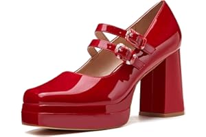 Coutgo Women's Platform Mary Jane Pumps Two Strap Square Toe Chunky Block Heel Sandals Party Shoes