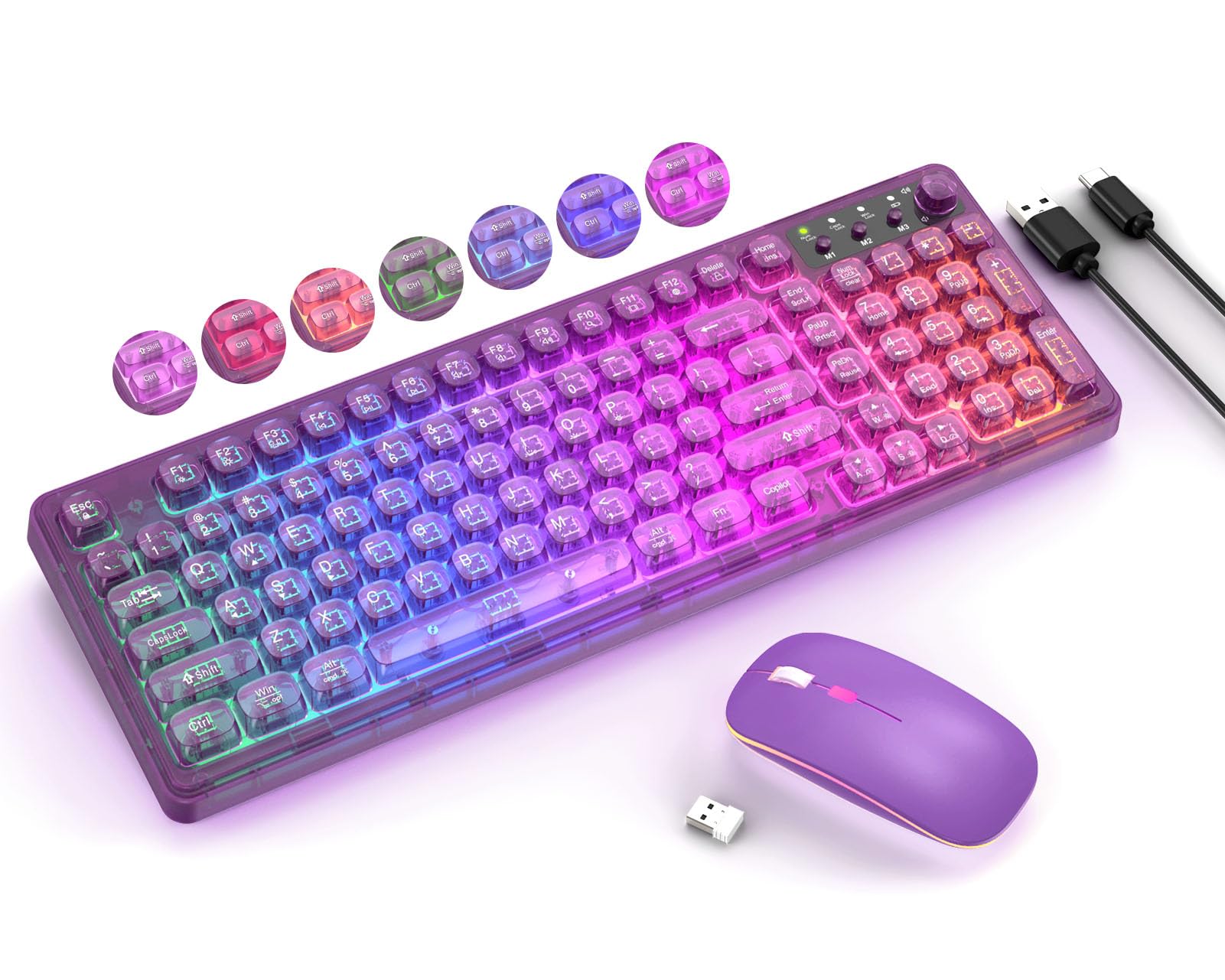 Photo 1 of Purple  Keyboard and Mouse Wireless,Cute 2.4Ghz Cordless Rechargeable Transparent Backlit Keyboard,15 Backlight Effects,Volume Knob,RGB Mouse with 3 DPI for Mac Computer PC Laptop Desktop iPad