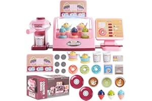 ARK MIIDO Toy Cash Register for Kids Play Cash Register Toys Ice Cream Playset with Coffee Machine Kitchen Pretend Play Set Shopping Cashier Play Kitchen Accessories Gifts for Girls Boys Kids Ages 3+