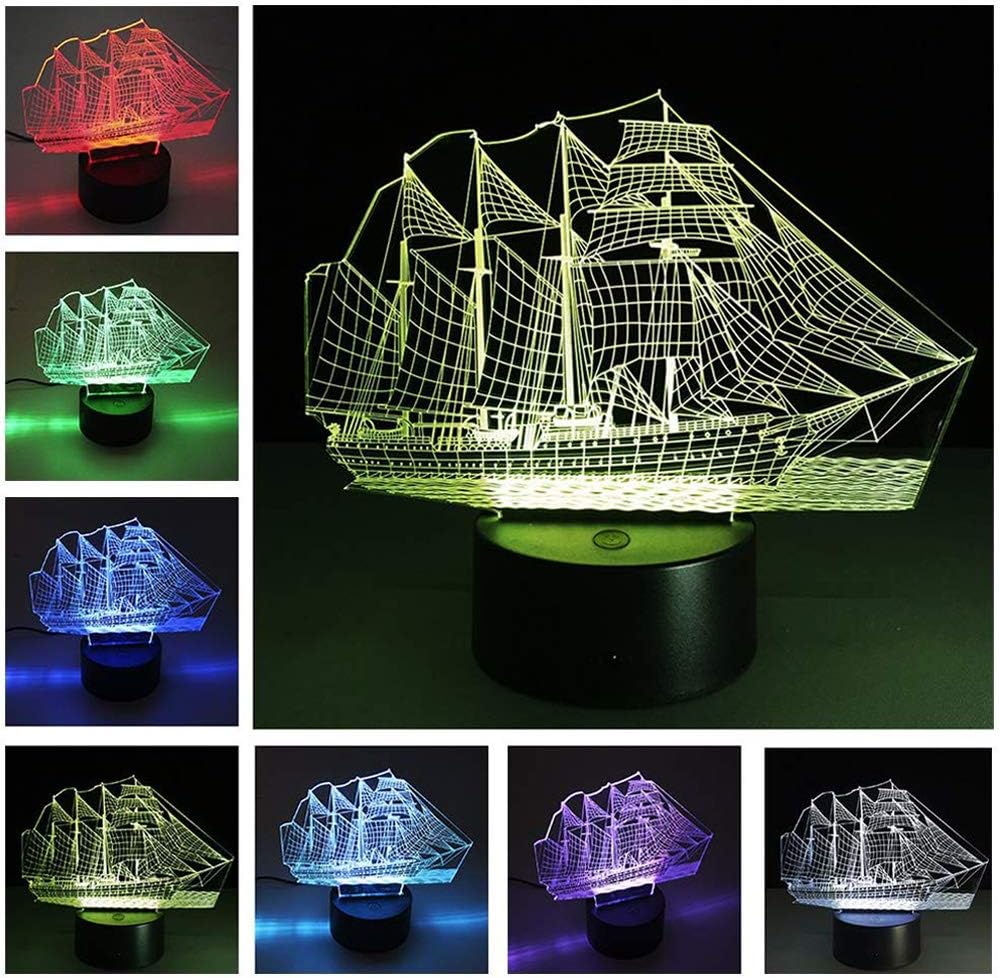 YANGHX 3D illusion Lamp Sailboat Ship Modern100~240v Night 7 Color change LED desk table light lamp (Color: Multicolor)