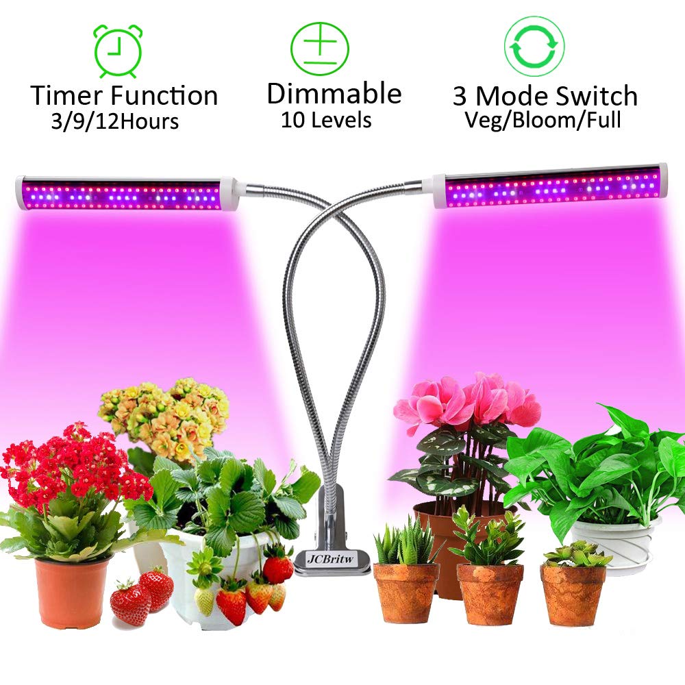 JCBritw 75W Plant Light Dimmable LED Grow Light Auto ON & Off Timer Dual Head Clip On Desk Stand Full Spectrum Growing Lamp Veg Bloom with UV IR for Indoor Plants