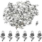 vokoko 100Pcs Rose Charms Antique Silver Rose Charms for Jewelry Making Metal Flower Beads Pendants for Bracelet Keychain Necklace DIY Craft
