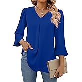 Funlingo Womens 3/4 Length Sleeve Tops Dressy Casual V Neck Business Chiffon Blouses Pleated Trendy Work Shirts
