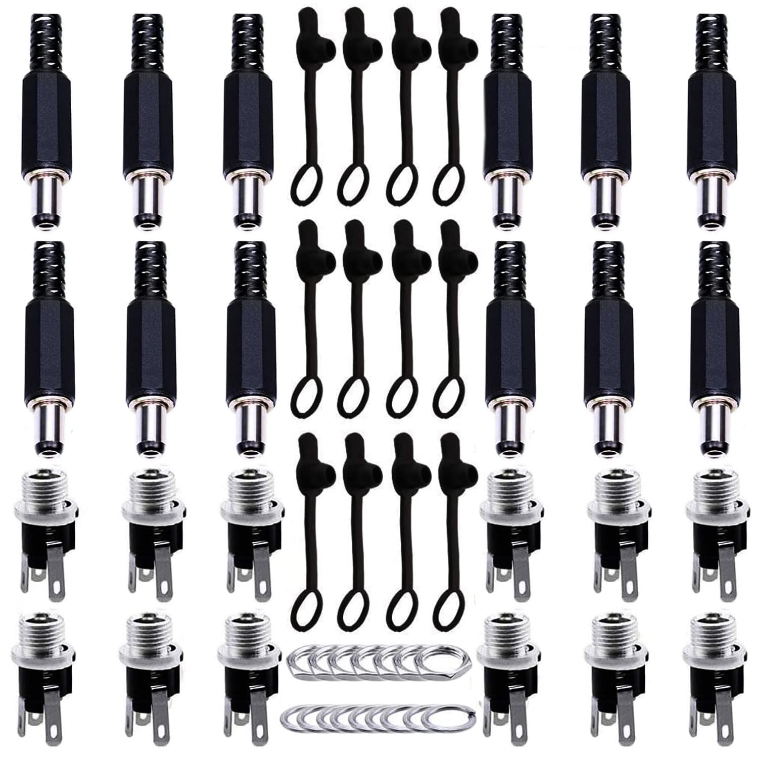 RUNCCI-YUN 5.5MM x 2.5MM, 5MM x 2.1MM 12 Pack Male DC Power Plug Solder Power Jack Adapter, Female DC Panel Socket Mount Adapter Solder+ 12 Pack Rubber Protector Caps for Audio/Video/Phone/CCTV