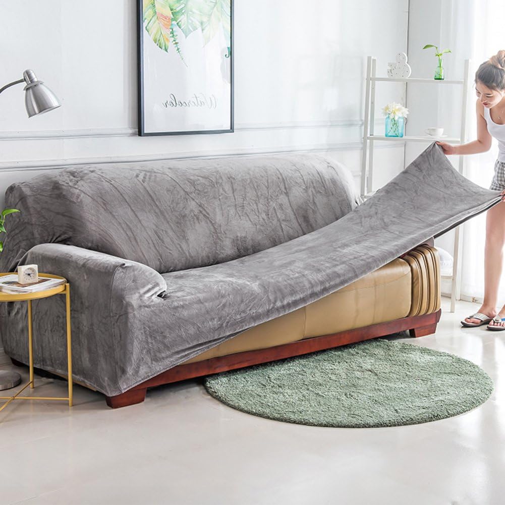 YQ WHJB Anti-Slip Elastic slipcover,Plush Solid Color Sofa Cover,Winter Thicker Surefit Stretch Furniture Protector for 1 2 3 4 Cushions Sofa Leather Sofa Stain-Resistant Couch Covers-Gray 4 Seater