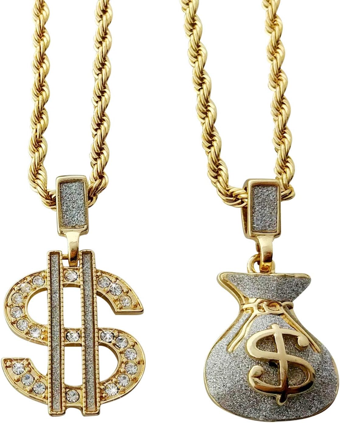 18k Gold Plated Double Layer Necklace with Dollar Sign and Money Bag Pendants