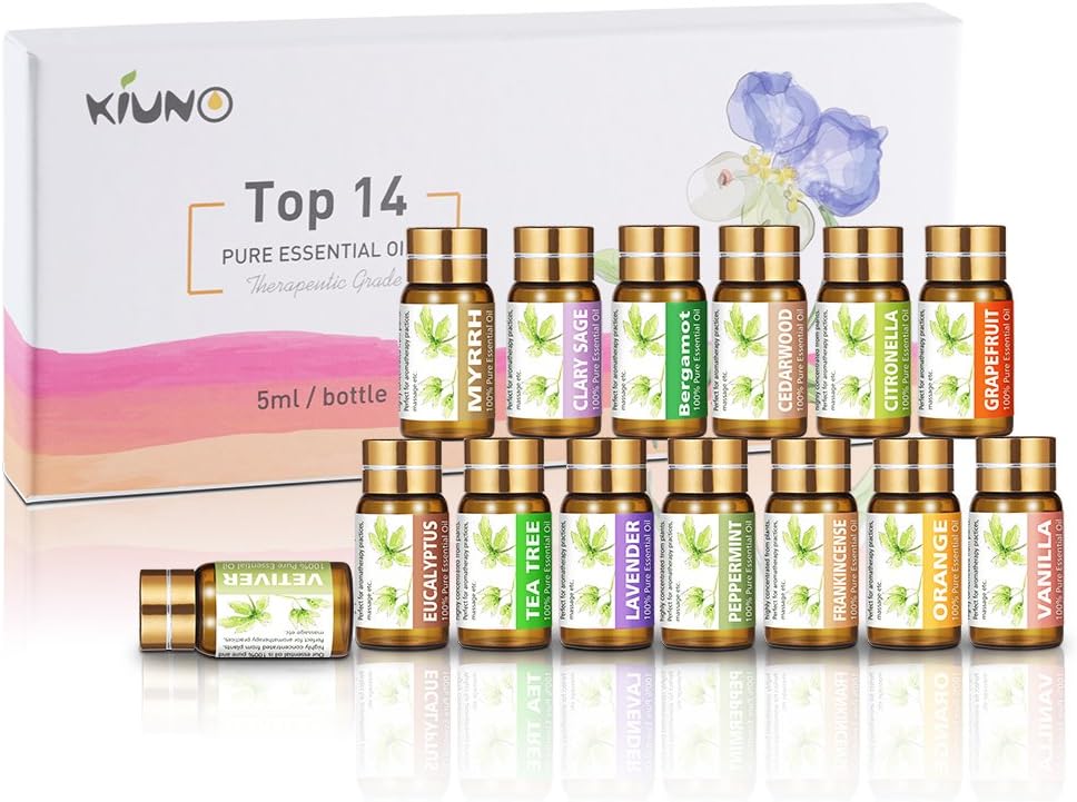 KIUNO Essential Oils Set 14×5ML 100% Pure Top Therapeutic Grade Aromatherapy Oil with 4 Droppers (Tea-Tree,Peppermint,Lavender,Frankincense,Eucalyptus,Vanilla,Orange,Grapefruit,Vetiver,Clary-Sage,Berg