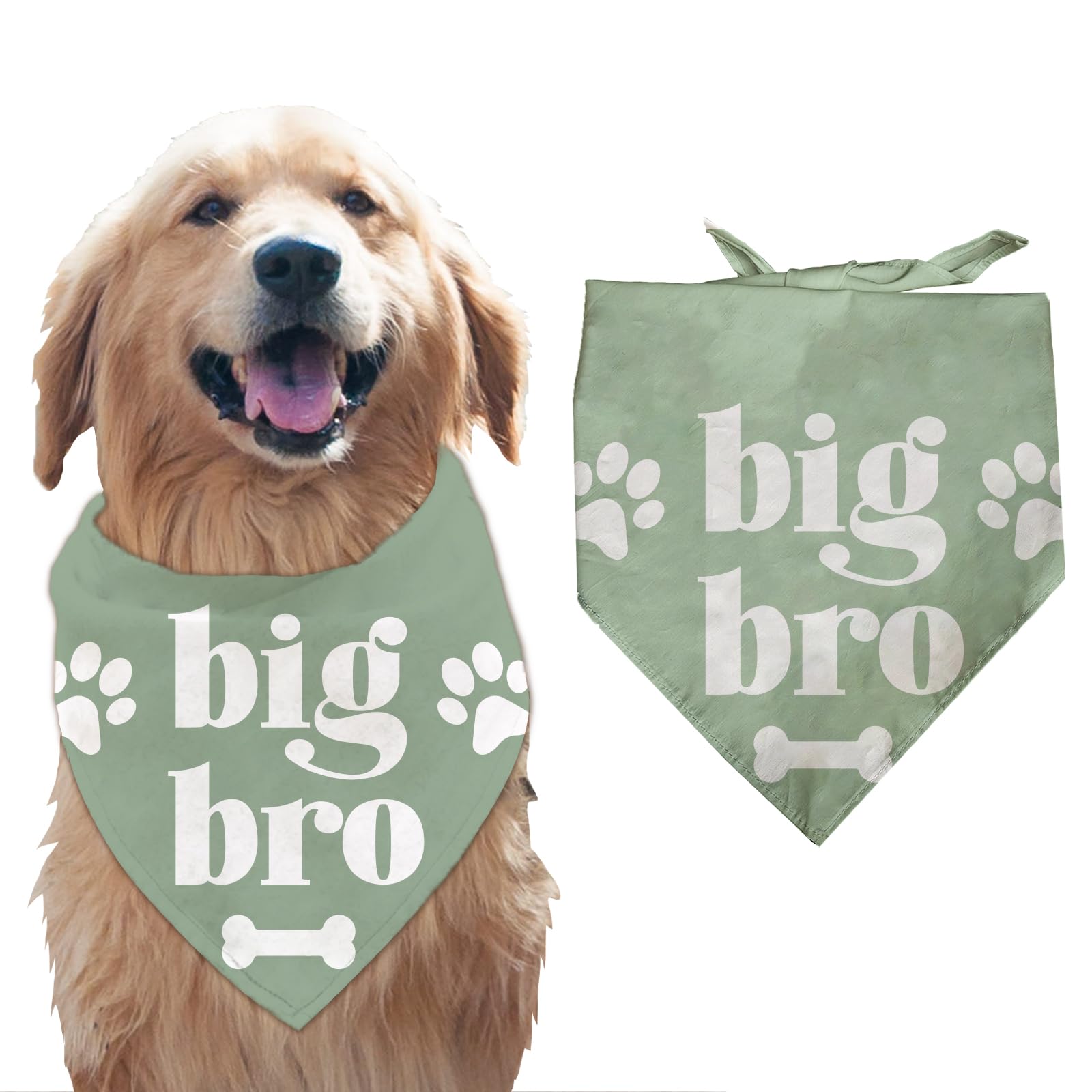 arricraft 1 Pc Big Bro Dog Bandana, Big Bro Words Green Bone Paw Prints Scarf Kerchief Cotton Washable Decorative Pet Bandana Accessories for Outdoor Pet Dog Lovers 78x55cm