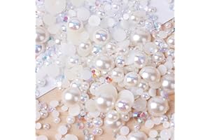 Niziky 1100PCS Flatback Pearls and Rhinestone, Mixed Size 3mm-10mm AB Color Resin Rhinestones Half Pearls for Crafts, 30g Half Round Flatback Pearls Rhinestones for Nail Face Art Crafts