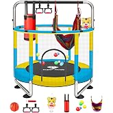 55" Indoor &amp; Outdoor Trampoline for Kids with Enclosure, Toddler Trampoline with Adjustable Gymnastics Bar &amp; Toys, No-Gap Safety Design